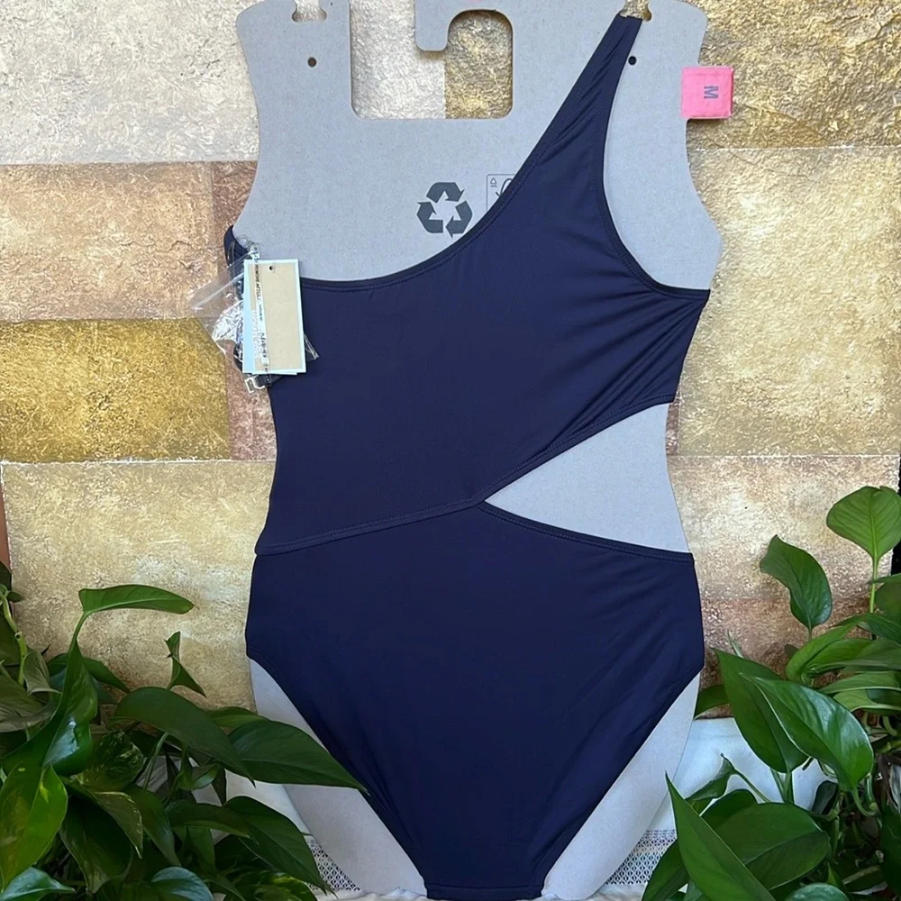NEW Michael Kors One Shoulder O-Ring Blue Cut-Out One Piece Swimsuit, Size 10